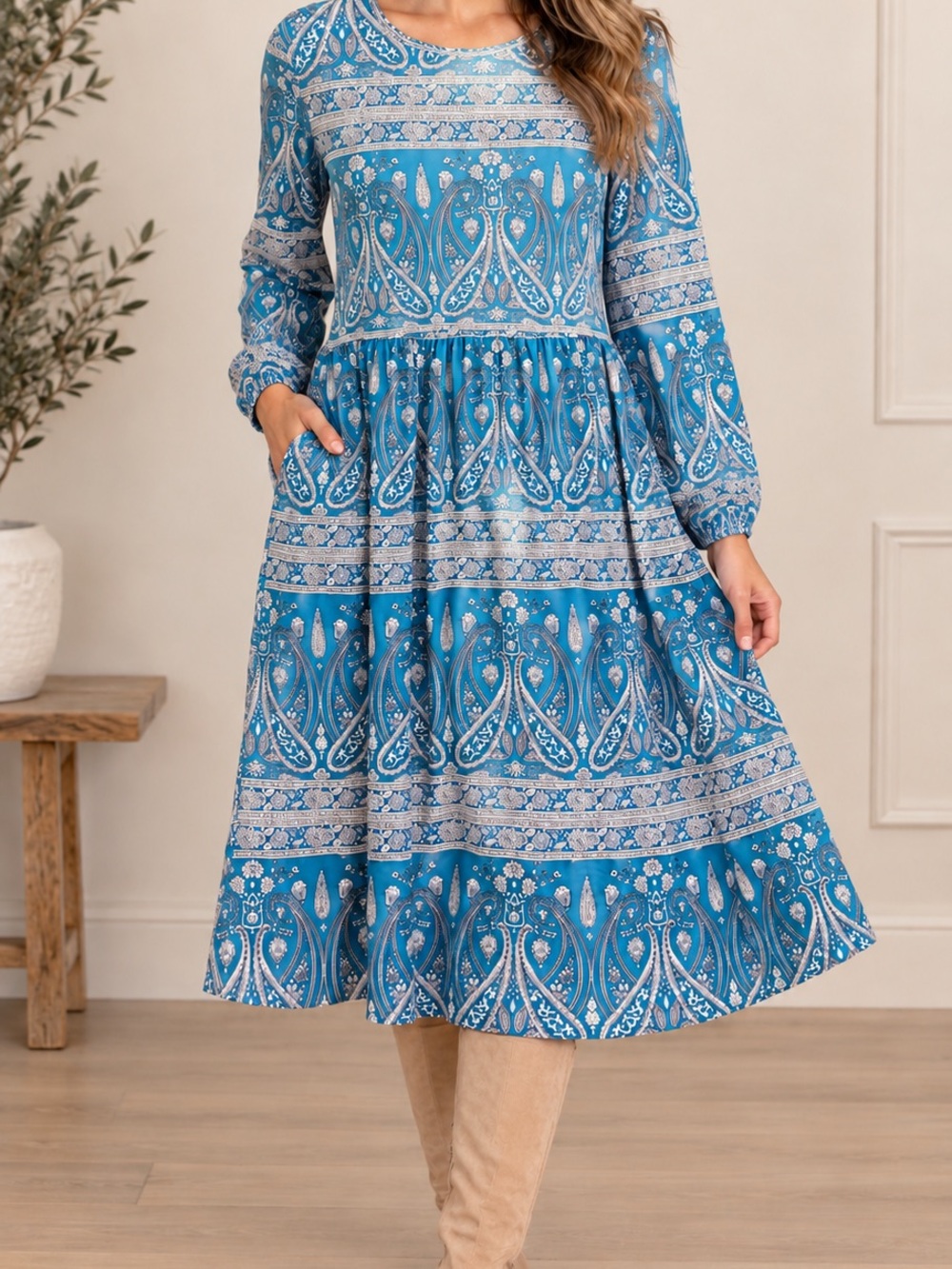 Fantaslook Teal  Paisley Long Sleeve Midi Dress Size XL